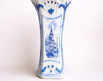 VINTAGE Delft Blue Church Vase with Waterfront Scene Blue and White Delft Church Scene Vase Classic Delft Blue Church Vase Delft Blue  Vase