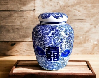 Vintage Chinese Double Happiness urn Blue and white Oriental temple jar Antique Chinoiserie Double Happiness jar  Oriental temple jar