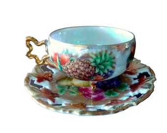 VINTAGE Royal Sealy Pierced Leaf Tasse und Untertasse mit Goldbesatz, Sammler-Teetasse, Wohndekoration