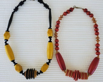 2 Wooden Bead Necklaces Vintage Yellow 25" Red 22" Strand String Chunky Wood