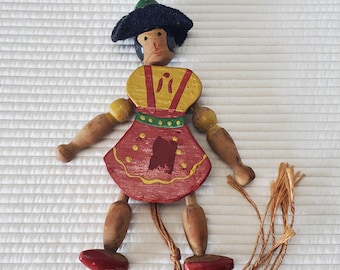 Hampelmann Jumping Jack Pull String Boy Toy 7" Wood Vintage Jointed Puppet Doll