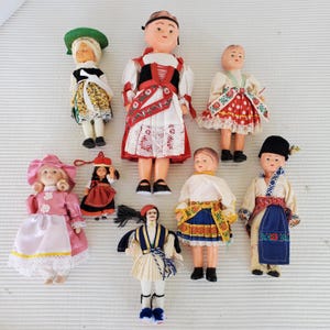 8 Czech Folklore Boy Girl Dolls 1950s 4&quot;-12&quot; Folk Czechoslovakian Ethnic Dress