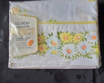 Vintage Perquot Double Luxury Muslin Bed Sheet Flat or Fabric Yellow Cottagecore