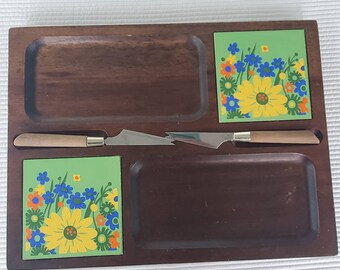 Cheese Cracker Board Imperial MCM Floral Mod Hand Carved Hard Wood Japan 14.5"