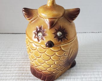 Owl Sugar Bowl Ceramic Vintage 4.75" Googly Eyes MCM Japan 60s 70s