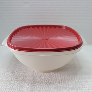 May include: A white plastic bowl with a red lid. The lid has a radial design and a small circular handle in the center. The bowl has two small handles on either side.