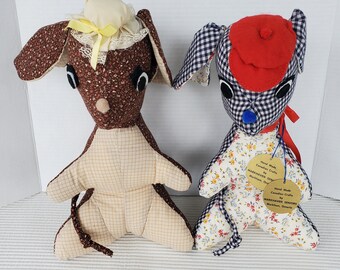 2 Mice Mouse Plush 14" Vintage Handmade Stuffed Animal Rag Doll Patchwork