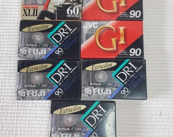 7 cintas de casete de audio vírgenes, nuevas y selladas, de 90 y 60 minutos, Maxell XLII, JVC y Fuji.