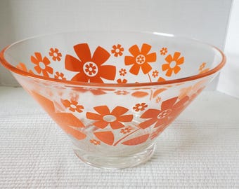 Anchor Hocking Chip N Dip Bowl 10.5"x6" Flower Power Mod Vintage MCM Orange USA