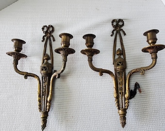Antique Louis XVI Double-arm Brass Wall Sconces 14"x10" Light Wire Candle Holder