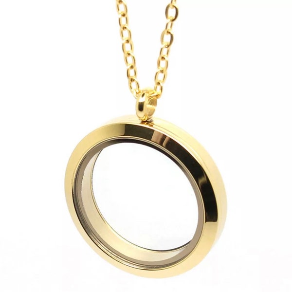 30mm Gold, Silver Stainless Steel Memory Floating Charm Matte Round Glass Locket Pendant with Necklace Magnetic Closure