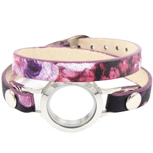 Double Strap Stainless 25mm Steel Glass Living Memory Floating Charm Genuine leather Locket Bracelet