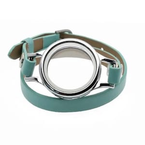 Double Strap Stainless Steel 30 mm Glass Living Memory Floating Charm Teal Blue Leather Locket Bracelet