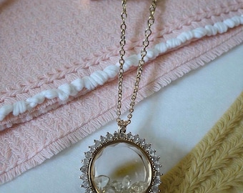 18K Gold Plated Floating Charm Zircon Faceted Glass 25mm Locket Pendant Necklace