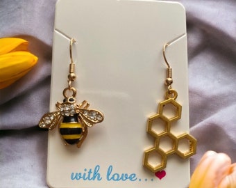 Rose Gold Bee and Honey Comb Drop Earrings
