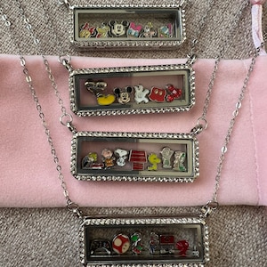 Cartoon Memory Living Floating Charm Rectangle Glass Rhinestone Locket Pendant with Necklace and Floating Charms