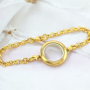 Pulsera de cadena dorada con medallón de cristal y dije flotante de acero inoxidable de 25 mm y 30 mm