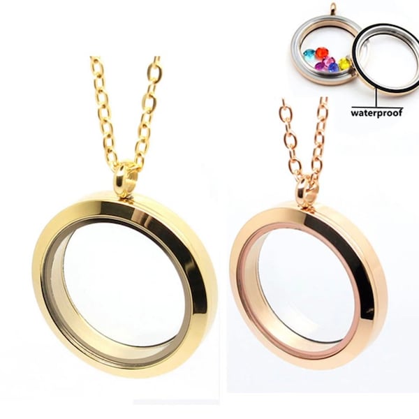 30mm Gold, Rose Gold, Silver Stainless Steel Waterproof Living Memory Floating Charm Matte Round Glass Locket Pendant with Necklace