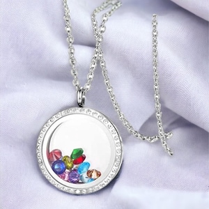 Pendentif médaillon rond en verre avec breloque flottante à mémoire de forme en acier inoxydable, 30 mm et strass avec collier