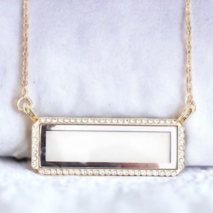 Memory Living Floating Charm Rectangle Glass Rhinestone Locket Gold Pendant & Necklace