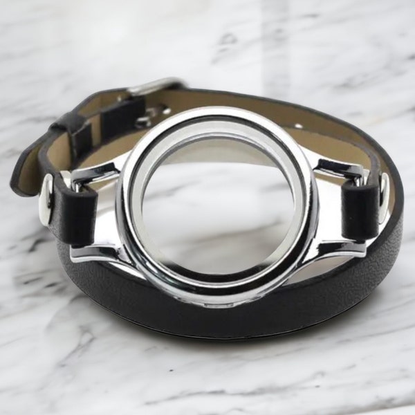 Double Strap 30 mm Glass Living Memory Floating Charm leather Locket Bracelet