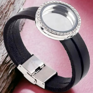 Double Leather Strap 30 mm Glass Living Memory Floating Charm Locket Bracelet