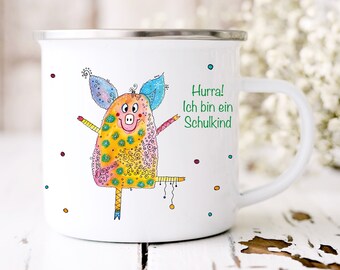 Gift Enrollment Enamel Cup with Name Girl Personalized, Motif Pig