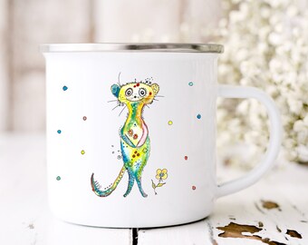 Name cup for school enrolment, enamel cup with name, motif meerkat