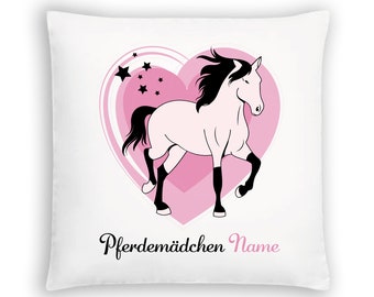 Horse girl cushion personalized with name, pony and pink heart, 40 x 40 cm, white