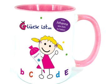 personalisierte Tasse zur Einschulung, Schulanfang für Mädchen, rosa