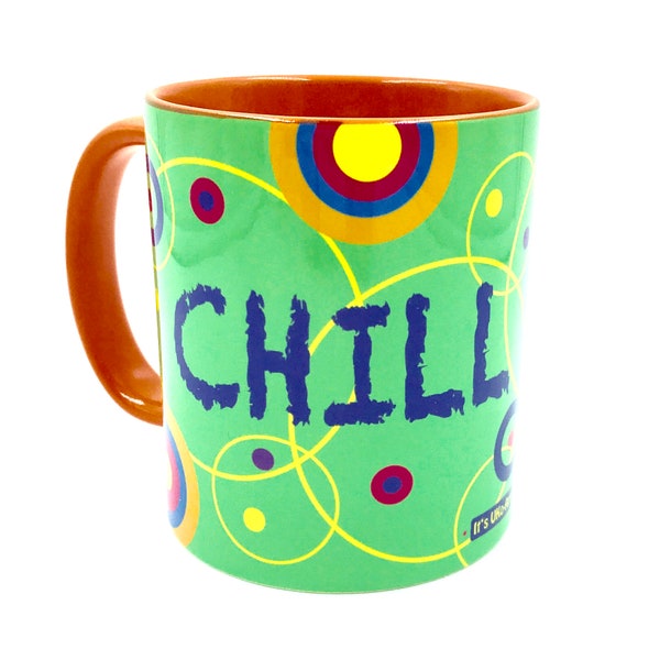 Tasse mit Spruch Chill now - work later, Keramikbecher Retro 70er