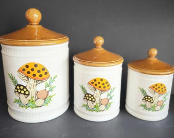 Vintage Sears 1982 Merry Mushroom Ceramic Canister Japan Set of 3