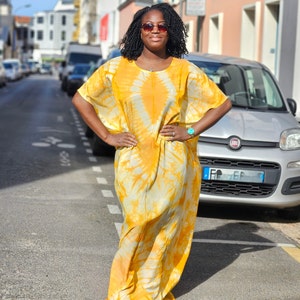 African Silky Adire dress with head tie. Yellow bubu long dress. Kaftan dress Yellow