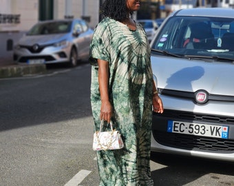 Green round neck African kaftan with scarf. African maternity dress . Adire skilk bubu long dress. party casual classic  maxi dress