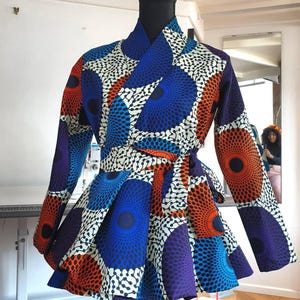 African blouse, Ankara wrap peplum top with rope belt, wax print blouse, Ankara jacket top. African dress