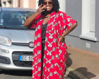 Red Kimono dress with two size pockets and head scarf. African kimono. Ankara kimono pocket jackets suitable for all occasions .