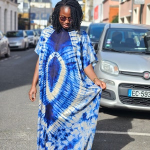 African Silky Adire dress with head tie. Yellow bubu long dress. Kaftan dress Blue