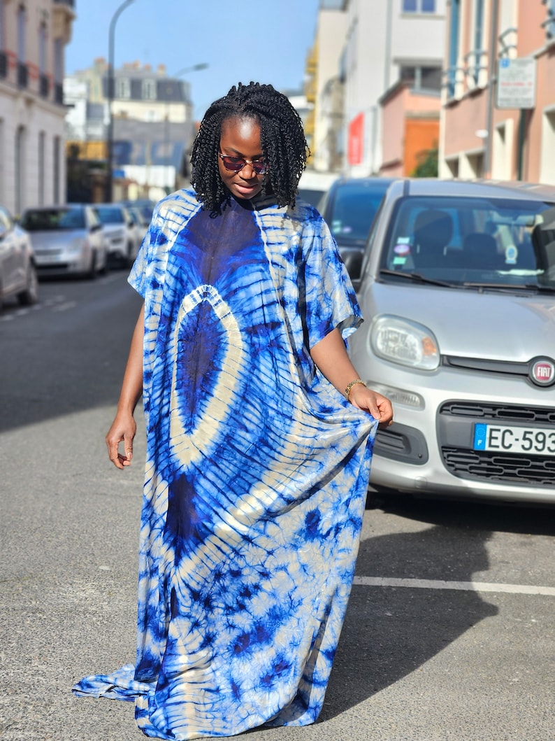 African Silky Adire dress with head tie. Yellow bubu long dress. Kaftan dress Blue