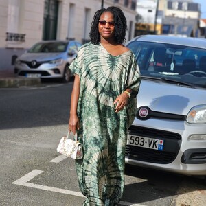 African Silky Adire dress with head tie. Yellow bubu long dress. Kaftan dress image 8