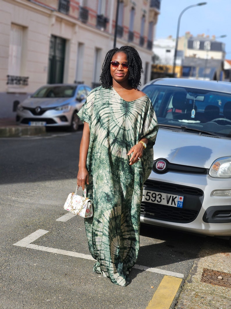 African Silky Adire dress with head tie. Yellow bubu long dress. Kaftan dress image 8