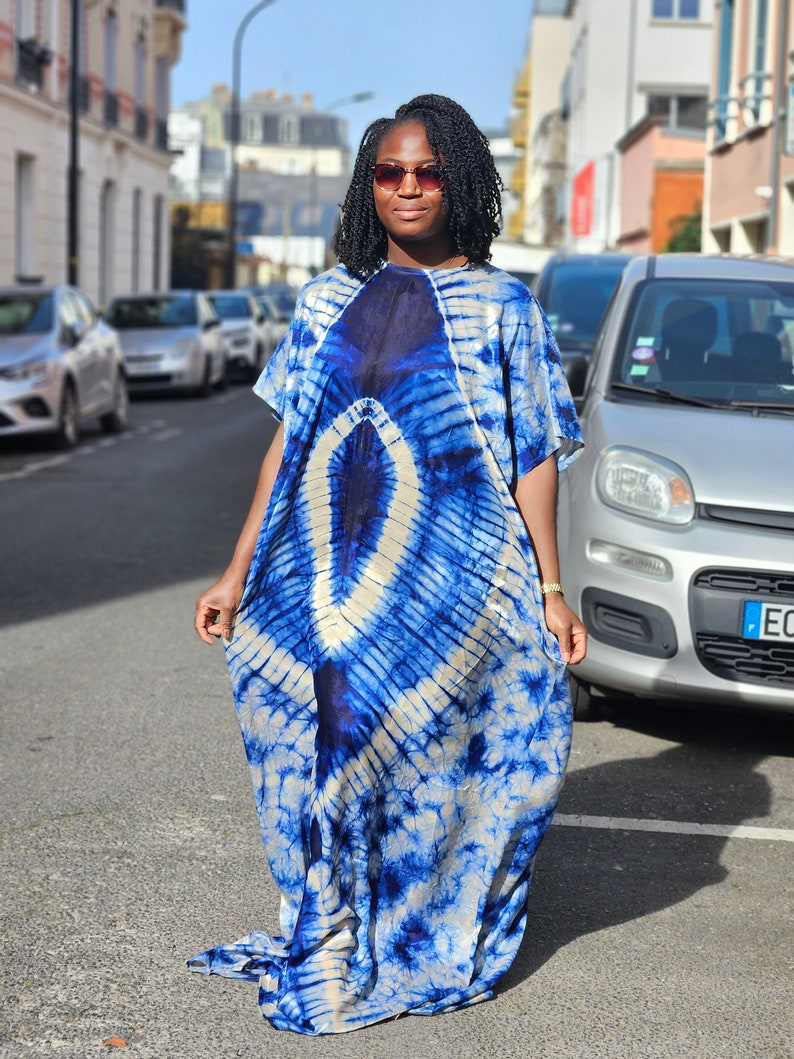 African Silky Adire dress with head tie. Yellow bubu long dress. Kaftan dress image 4