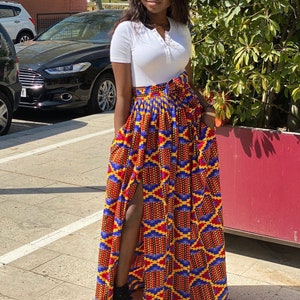 African Kente print skirt. African maxi high waist skirt. Front slit full length kente skirt for women. image 1