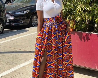 African Kente print skirt. African maxi high waist skirt. Front slit full length kente skirt for women.