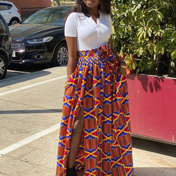 African Kente print skirt. African maxi high waist skirt. Front slit full length kente skirt for women.