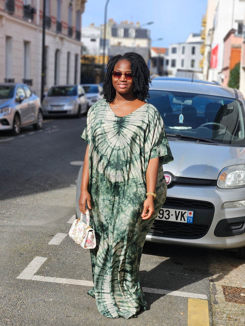 African Silky Adire dress with head tie. Yellow bubu long dress. Kaftan dress Green