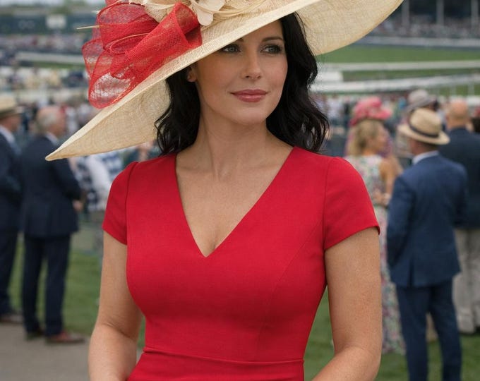 Large Tan Gold and Red Hat - Wedding Hat, Kentucky Derby Race, Vintage