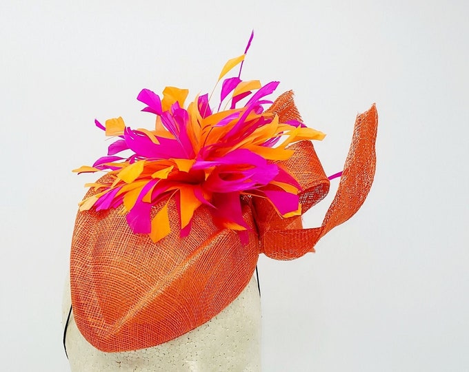 Orange and Hot Pink Kentucky Derby Fascinator - Wedding Fascinator, Race Hat, Church, Tea Party Hats