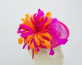 Hot Pink and Orange Kentucky Derby Fascinator - Wedding Hat, Fuchsia Hat, Easter Hat, Tea Party Hat, Bridal Hat, Church Hat, Fancy Hat