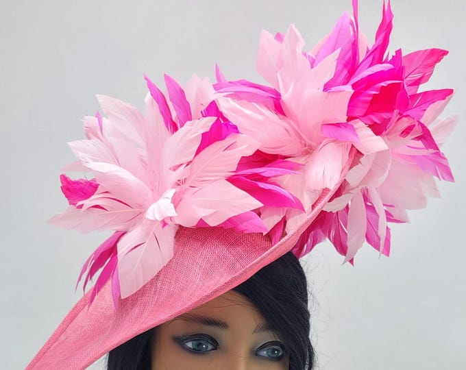 Large Hot Pink Fascinator Hat with Feathers