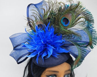 Royal Blue Kentucky Derby Fascinator: Peacock Feather Race Hat